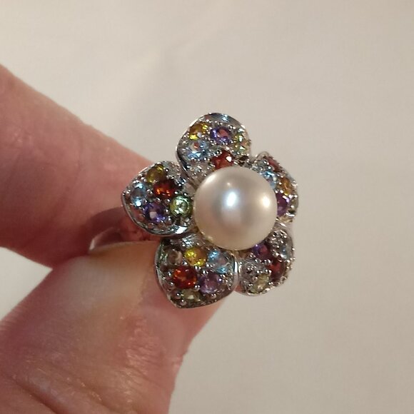 925 Silver Cherry Blossom Flower Pearl Diamond Zircon Ring Gorgeous Gift - Picture 8 of 8